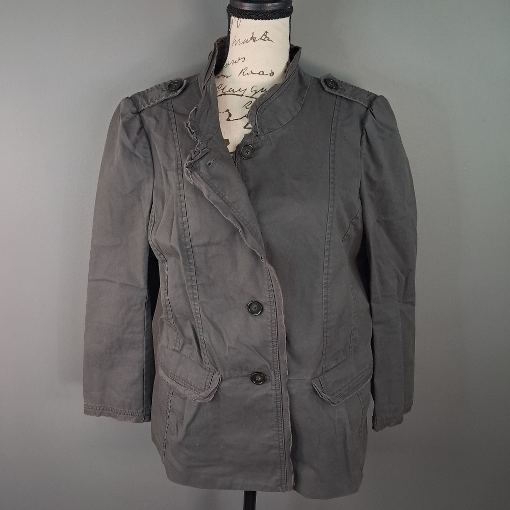 Ann Taylor Loft Jacket Gray Collared Buttons 3/4 Sleeve Pockets Size 10